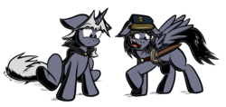 Size: 3290x1547 | Tagged: safe, artist:virmir, oc, oc only, oc:lucile, oc:virmare, oc:virmir, blank flank, cap, cape, clothes, hat, ponified, species swap, sword, weapon