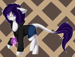 Size: 2093x1603 | Tagged: safe, artist:ognevitsa, oc, oc only, abstract background, clothes, hoodie, leonine tail, looking at you, purple eyes, purple mane, raised hoof, scar, signature, solo, white coat
