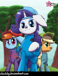 Size: 758x1000 | Tagged: safe, artist:clouddg, applejack, rainbow dash, rarity, earth pony, pegasus, pony, unicorn, g4, the cart before the ponies, backwards ballcap, clothes, dirty, floppy ears, hat, mechanic, mechanic coveralls, raised hoof, smiling, trio