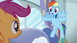 Size: 1280x720 | Tagged: safe, screencap, rainbow dash, scootaloo, pony, g4, the cart before the ponies, rainbow dash's house