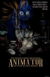 Size: 3300x5100 | Tagged: safe, artist:shiki01, discord, princess luna, smarty pants, pony, g4, decapitated, erlenmeyer flask, glasses, herbert west, lovecraft, mad science, mad scientist, movie poster, re-animator, science, severed head, test tube, the fun has been doubled