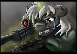 Size: 2891x2043 | Tagged: safe, artist:stormblaze-pegasus, oc, oc only, oc:psalm, pony, unicorn, fallout equestria, fallout equestria: project horizons, crying, female, greaves, gritted teeth, gun, high res, mare, rifle, scope, solo, weapon