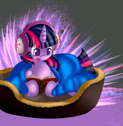 Size: 1150x1174 | Tagged: safe, artist:dawn079, twilight sparkle, g4, basket, blanket, book, female, headphones, reading, solo