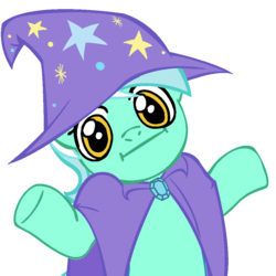 Size: 945x945 | Tagged: safe, lyra heartstrings, g4, :i, accessory swap, accessory theft, female, looking at you, shrug, shrugpony, solo, trixie's cape, trixie's hat