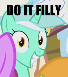 Size: 509x573 | Tagged: safe, edit, edited screencap, screencap, berry punch, berryshine, carrot top, golden harvest, lyra heartstrings, pony, unicorn, g4, caption, do it filly, female, grin, image macro, mare, meme, smiling, text