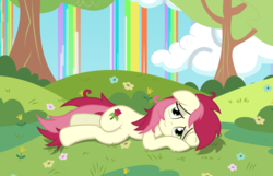 Size: 16667x10757 | Tagged: safe, artist:tryhardbrony, roseluck, earth pony, pony, g4, absurd resolution, draw me like one of your french girls, female, floppy ears, flower, grass, looking at you, lying, lying down, mare, messy mane, on side, rainbow waterfall, show accurate, smiling, solo, vector, winsome falls