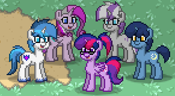 Size: 291x161 | Tagged: safe, night light, princess cadance, shining armor, twilight sparkle, twilight velvet, alicorn, pony, pony town, g4, family, family photo, glasses, screenshots, sparkle family, twilight sparkle (alicorn)