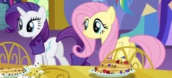 Size: 518x237 | Tagged: safe, screencap, fluttershy, rarity, pony, castle sweet castle, g4, butt, cropped, female, food, mare, pancakes, plot