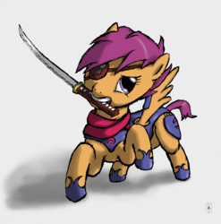 Size: 2570x2603 | Tagged: safe, artist:vabla, scootaloo, g4, armor, eyepatch, female, katana, mouth hold, solo, sword, weapon