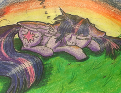 Size: 1803x1380 | Tagged: safe, artist:snowfoxythefox, twilight sparkle, alicorn, pony, g4, colored, colored pencil drawing, colored sketch, cute, eyes closed, female, floppy ears, grass, pencil, pencil drawing, sleeping, sleepy, smiling, solo, sunset, traditional art, twilight sparkle (alicorn), zzz