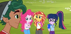 Size: 1199x580 | Tagged: safe, edit, edited screencap, screencap, pinkie pie, sci-twi, sunset shimmer, timber spruce, twilight sparkle, equestria girls, g4, my little pony equestria girls: legend of everfree, ponytail