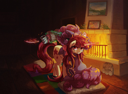 Size: 1710x1261 | Tagged: safe, artist:koviry, oc, oc only, oc:paintblood, oc:seren, oc:seren song, book, commission, cookie, cup, drink, duo, eyelashes, femboy, fireplace, food, hug, magic, male, rug