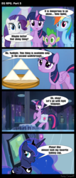 Size: 1288x3000 | Tagged: safe, artist:bredgroup, princess celestia, princess luna, rainbow dash, rarity, spike, twilight sparkle, alicorn, pony, comic:eg rpg, gamer luna, g4, collectible, comic, crystal empire, mirror, screencap comic, the legend of zelda, triforce, twilight sparkle (alicorn)