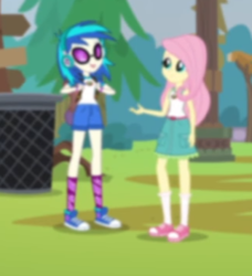 Size: 322x353 | Tagged: safe, screencap, dj pon-3, fluttershy, vinyl scratch, equestria girls, g4, my little pony equestria girls: legend of everfree, background human, camp everfree outfits, converse, female, shoes