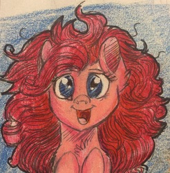 Size: 2045x2079 | Tagged: safe, artist:snowfoxythefox, derpibooru exclusive, pinkie pie, g4, alternate hairstyle, colored, colored pencil drawing, colored sketch, curly hair, cute, female, happy, high res, pencil, pencil drawing, simple background, smiling, solo, traditional art