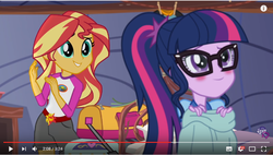 Size: 852x483 | Tagged: safe, screencap, sci-twi, sunset shimmer, twilight sparkle, equestria girls, g4, my little pony equestria girls: legend of everfree, blushing, ponytail, youtube