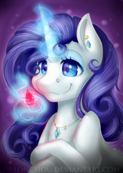 Size: 2893x4092 | Tagged: safe, artist:pillonchou, rarity, pony, unicorn, g4, crossed hooves, crystal, female, gem, high res, jewelry, magic, mare, necklace, ruby, solo