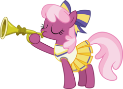 Size: 7761x5627 | Tagged: safe, artist:pink1ejack, cheerilee, earth pony, pony, g4, the cart before the ponies, absurd resolution, blowing, bugle, cheeribetes, cheerileeder, cheerleader, clothes, cute, eyes closed, female, hair bow, hoof hold, horn, inkscape, playing, pleated skirt, referee cheerilee, simple background, skirt, solo, transparent background, vector