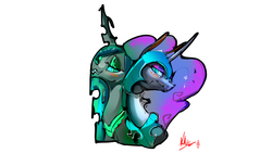 Size: 5259x2959 | Tagged: safe, artist:alumx, nightmare moon, queen chrysalis, alicorn, changeling, changeling queen, pony, g4, blushing, female, lesbian, mare, ship:chrysmoon, shipping