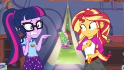 Size: 1366x768 | Tagged: safe, screencap, sci-twi, sunset shimmer, twilight sparkle, equestria girls, g4, my little pony equestria girls: legend of everfree, bottle, fear, levitation, magic, ponytail, scared, sunscreen, telekinesis, tent