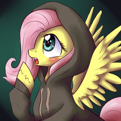 Size: 1000x1000 | Tagged: safe, artist:rastaquouere69, fluttershy, pegasus, pony, g4, blushing, brown hoodie, clothes, cute, female, gradient background, heart eyes, hood, hoodie, looking at something, mare, open mouth, pink hair, pink mane, pink tail, profile, raised hoof, shyabetes, solo, spread wings, sweater, sweatershy, wingding eyes, wings, yellow coat