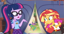 Size: 1363x726 | Tagged: safe, screencap, sci-twi, sunset shimmer, twilight sparkle, equestria girls, g4, my little pony equestria girls: legend of everfree, bottle, fear, levitation, magic, ponytail, scared, sunscreen, telekinesis, tent