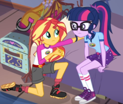 Size: 550x465 | Tagged: safe, screencap, sci-twi, sunset shimmer, twilight sparkle, equestria girls, g4, my little pony equestria girls: legend of everfree, clothes, converse, ponytail, shoes, sneakers