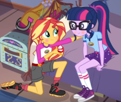Size: 550x465 | Tagged: safe, edit, edited screencap, screencap, sci-twi, sunset shimmer, twilight sparkle, equestria girls, g4, my little pony equestria girls: legend of everfree, blushing, clothes, converse, engagement ring, female, lesbian, marriage proposal, ponytail, ship:sci-twishimmer, ship:sunsetsparkle, shipping, shoes, smiling, sneakers