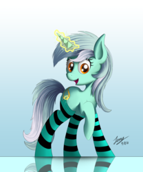 Size: 6000x7200 | Tagged: safe, artist:duskie-06, lyra heartstrings, pony, unicorn, g4, absurd resolution, clothes, female, glowing, glowing horn, horn, magic, magic aura, mare, open mouth, raised hoof, reflection, socks, solo, striped socks, tail, telekinesis, thigh highs