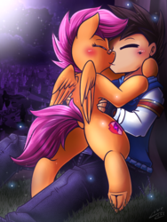 Size: 600x800 | Tagged: safe, artist:vavacung, scootaloo, oc, oc:anon, oc:generic messy hair anime anon, firefly (insect), human, pony, g4, bandaid, blushing, butt, clothes, eyes closed, fingerless gloves, frog (hoof), gloves, grass, holding a pony, hug, kiss on the lips, kissing, night, older, older scootaloo, plot, ponyville, sparkles, stars, underhoof