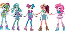 Size: 1080x565 | Tagged: safe, artist:gouhlsrule, bon bon, gloriosa daisy, lyra heartstrings, pinkie pie, rainbow dash, sweetie drops, equestria girls, g4, my little pony equestria girls: legend of everfree, box art, camp fashion show outfit, clothes, concept art, dress, equestria girls prototype, high heels, ponytail