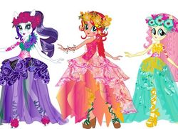 Size: 750x545 | Tagged: safe, fluttershy, rarity, sunset shimmer, equestria girls, g4, my little pony equestria girls: legend of everfree, clothes, concept art, dress, gala dress, high heels