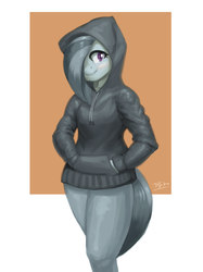 Size: 2000x2667 | Tagged: safe, artist:burgerkiss, marble pie, earth pony, anthro, g4, abstract background, blushing, clothes, cute, female, hair over one eye, hand in pocket, high res, hoodie, looking at you, marblebetes, simple background, smiling, solo, white background