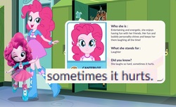Size: 899x545 | Tagged: safe, pinkie pie, equestria girls, g4, official, boots, bracelet, clothes, doll, door, eqg profiles, equestria girls minis, female, high heel boots, implied grimdark, jewelry, lockers, self paradox, shoes, skirt, solo, toy, unintentional grimdark