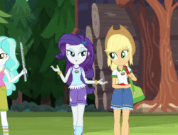 Size: 355x270 | Tagged: safe, screencap, applejack, drama letter, paisley, rarity, watermelody, equestria girls, g4, my little pony equestria girls: legend of everfree, animated, female, flute, gif, hips, musical instrument, swaying hips, walking