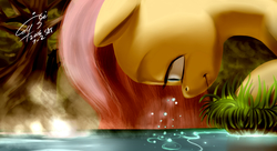 Size: 1980x1080 | Tagged: safe, artist:louislithium, fluttershy, pegasus, pony, g4, bubble, bust, female, lidded eyes, looking at something, looking down, profile, river, solo, water