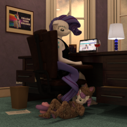 Size: 2000x2000 | Tagged: safe, artist:tahublade7, princess celestia, rarity, sweetie belle, anthro, plantigrade anthro, g4, 3d, alcohol, alternative cutie mark placement, annoyed, barefoot, behaving like a cat, cat costume, clothes, computer, daz studio, feet, female, filly, high res, kitty belle, laptop computer, playing, shoulder cutie mark, the burdened, wine, wine glass