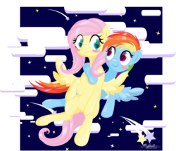 Size: 3000x2572 | Tagged: safe, artist:vulthuryol00, fluttershy, rainbow dash, pony, g4, blushing, cloud, female, flying, high res, holding, lesbian, looking at each other, mare, night, ship:flutterdash, shipping, shooting star, spread wings