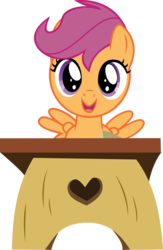 Size: 1951x3000 | Tagged: dead source, safe, artist:limedazzle, scootaloo, pegasus, pony, g4, cute, cutealoo, desk, female, filly, foal, inkscape, looking at you, open mouth, open smile, school desk, show accurate, simple background, smiling, solo, spread wings, transparent background, vector, wings