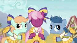 Size: 1280x720 | Tagged: safe, edit, edited screencap, screencap, cheerilee, peach fuzz, perky prep, earth pony, pony, g4, the cart before the ponies, bipedal, cheeribetes, cheerileeder, cheerleader, cheerleader outfit, clothes, crossdressing, cute, diapeaches, eyes closed, foal, hair bow, pleated skirt, skirt, trio