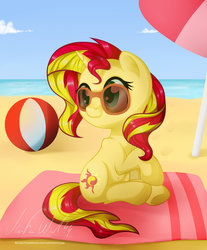 Size: 1024x1237 | Tagged: safe, artist:wavecipher, sunset shimmer, pony, unicorn, g4, beach, beach ball, blanket, female, solo, sunglasses, umbrella