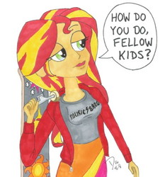 Size: 373x412 | Tagged: safe, artist:dvandom, sunset shimmer, equestria girls, g4, 30 rock, blackletter, clothes, female, how do you do fellow kids, jacket, simple background, skateboard, skirt, solo, speech bubble, steve buscemi, traditional art, white background