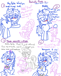Size: 1280x1611 | Tagged: safe, artist:adorkabletwilightandfriends, dj pon-3, octavia melody, spike, vinyl scratch, dragon, earth pony, pony, unicorn, comic:adorkable twilight and friends, g4, adorkable, adorkable friends, cold, comic, cute, dialogue, dork, flu, glowing, glowing horn, horn, lies, lineart, magic, magic aura, red nosed, sick, simple background, slice of life, tavi, telekinesis, video game