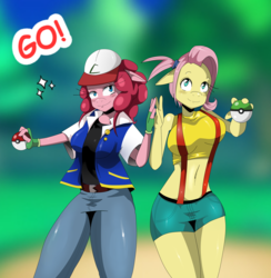 Size: 4354x4455 | Tagged: safe, artist:traupa, fluttershy, pinkie pie, anthro, g4, absurd resolution, ash ketchum, baseball cap, belly button, blushing, breasts, busty fluttershy, busty pinkie pie, clothes, cosplay, costume, duo, duo female, female, hat, jacket, midriff, misty (pokémon), poké ball, pokémon, shorts, sparkles, suspenders