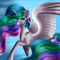 Size: 2880x2880 | Tagged: safe, artist:crazyaniknowit, princess celestia, g4, cloud, female, flying, high res, looking at you, realistic hair, solo, spread wings