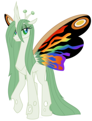 Size: 934x1224 | Tagged: safe, artist:faith-wolff, changeling, changeling queen, kaiju, fanfic:the bridge, butterfly wings, changelingified, colored sclera, colored wings, godzilla (series), gradient wings, mothra, mothra lea, multicolored wings, rainbow wings, raised hoof, simple background, solo, species swap, transparent background, wings