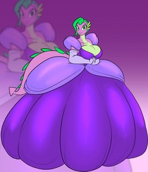 Size: 1105x1280 | Tagged: safe, artist:toughset, spike, oc, oc:barbara greenscale, anthro, g4, barb, barbara greenscale, big breasts, breasts, busty barb, cleavage, clothes, commission, dress, female, gown, impossibly large dress, older barb, rule 63, solo, zoom layer