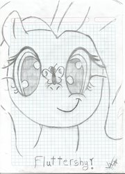 Size: 1600x2221 | Tagged: safe, artist:junixx2702, fluttershy, butterfly, g4, graph paper, lined paper, monochrome, traditional art