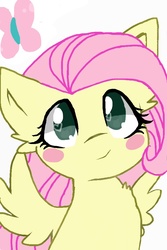 Size: 640x960 | Tagged: safe, artist:cuzmydogsaidso, fluttershy, butterfly, pegasus, pony, g4, blush sticker, blushing, bust, colored pupils, female, looking at you, portrait, simple background, solo, spread wings, wings