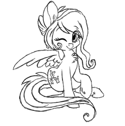 Size: 500x505 | Tagged: safe, artist:jojopeanut, fluttershy, g4, black and white, female, grayscale, looking at you, monochrome, one eye closed, raised hoof, simple background, sitting, smiling, solo, spread wings, white background, wink